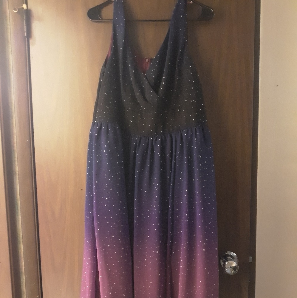 Ombre Star Print Georgette Shoulder Ties Dress